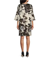 Caroline Rose Bella Woven Crepe Fall Floral Print Scoop Neck 3/4 Bell Sleeve A-Line Dress