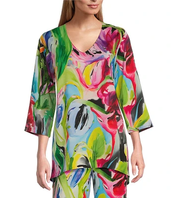 Caroline Rose Brilliant Bouquet Breezy Stretch Woven V-Neck 3/4 Sleeve Coordinating Tunic