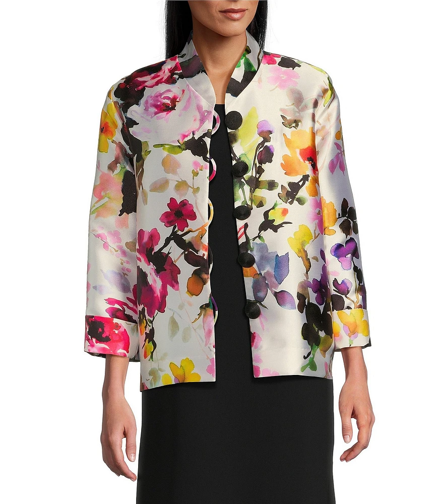 Caroline Rose Brilliant Bouquet Floral Print Mandarin Collar Bracelet Sleeve Button-Front Boxy Jacket