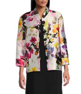 Caroline Rose Brilliant Bouquet Floral Print Mandarin Collar Bracelet Sleeve Button-Front Boxy Jacket