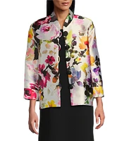 Caroline Rose Brilliant Bouquet Floral Print Mandarin Collar Bracelet Sleeve Button-Front Boxy Jacket