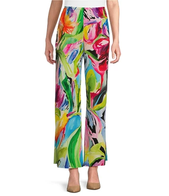Caroline Rose Brilliant Bouquet Print Breezy Stretch Woven Coordinating Wide Leg Pants