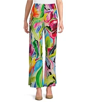 Caroline Rose Brilliant Bouquet Print Breezy Stretch Woven Coordinating Wide Leg Pants