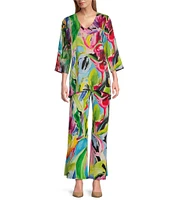 Caroline Rose Brilliant Bouquet Print Breezy Stretch Woven Coordinating Wide Leg Pants
