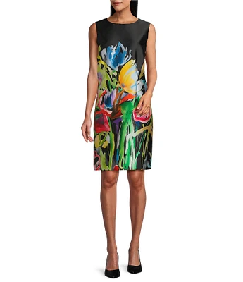 Caroline Rose Brilliant Bouquet Print Mikado Round Neck Sleeveless Sheath Dress