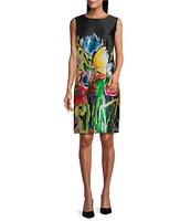 Caroline Rose Brilliant Bouquet Print Mikado Round Neck Sleeveless Sheath Dress