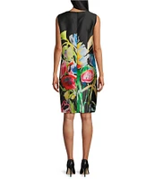 Caroline Rose Brilliant Bouquet Print Mikado Round Neck Sleeveless Sheath Dress