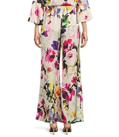 Caroline Rose Brilliant Floral Bouquet Print Satin Coordinating Wide-Leg Pull-On Pants