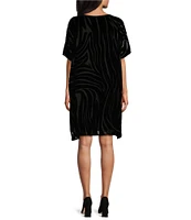 Caroline Rose Burnout Velvet Zebra Pattern Scoop Neck Short Sleeve Shift Dress