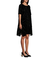 Caroline Rose Burnout Velvet Zebra Pattern Scoop Neck Short Sleeve Shift Dress