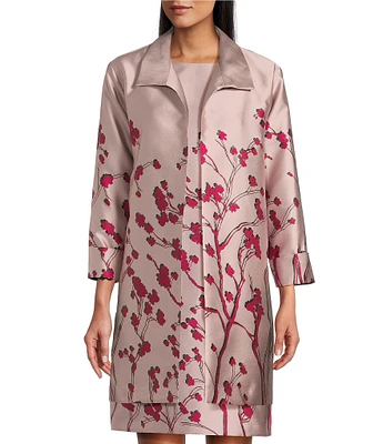 Caroline Rose Cherry Blossom Print Satin Jacquard Notch Collar 3/4 Sleeve Open-Front Statement Jacket