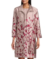 Caroline Rose Cherry Blossom Print Satin Jacquard Notch Collar 3/4 Sleeve Open-Front Statement Jacket