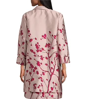 Caroline Rose Cherry Blossom Print Satin Jacquard Notch Collar 3/4 Sleeve Open-Front Statement Jacket