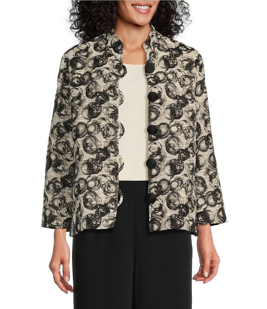 Caroline Rose Circle Back Abstract Print Jacquard Mandarin Collar Bracelet Sleeve Button Front Statement Jacket