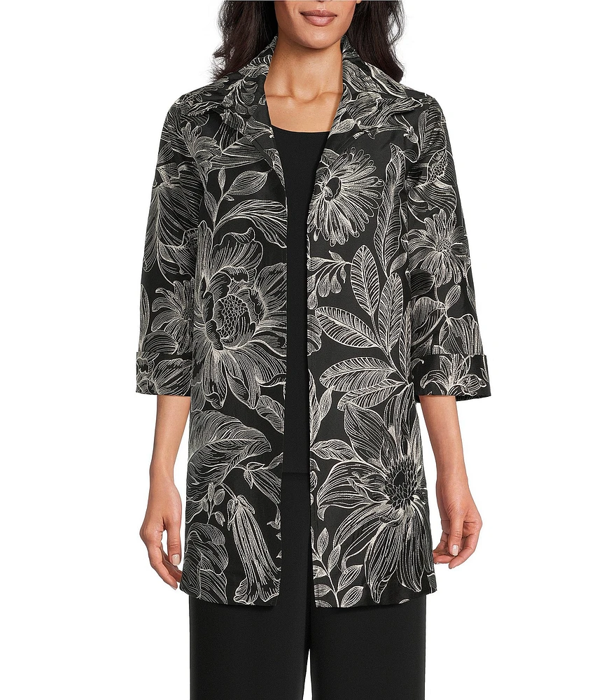 Caroline Rose Exotic Floral Embroidered Jacquard Spread Collar 3/4 Sleeve Statement Jacket