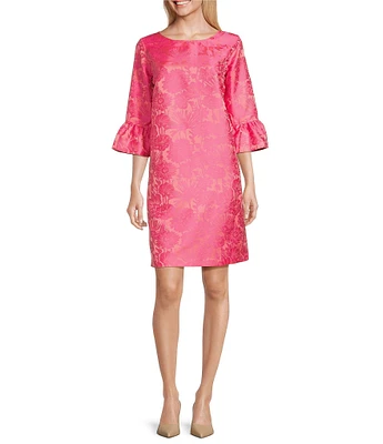 Caroline Rose Floral Jacquard Scoop Neck 3/4 Sleeve Ruffle Bell Cuff Shift Dress