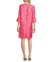 Caroline Rose Floral Jacquard Scoop Neck 3/4 Sleeve Ruffle Bell Cuff Shift Dress