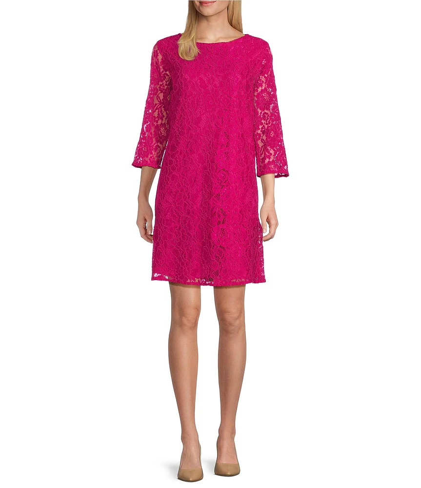 Caroline Rose Lace Round Neck 3/4 Sleeve Shift Dress