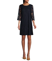 Caroline Rose Lace Round Neck 3/4 Sleeve Shift Dress