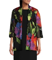 Caroline Rose Flower Burst Embroidered Mesh 3/4 Sleeve Drape Neck Statement Jacket