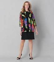 Caroline Rose Flower Burst Embroidered Mesh 3/4 Sleeve Drape Neck Statement Jacket