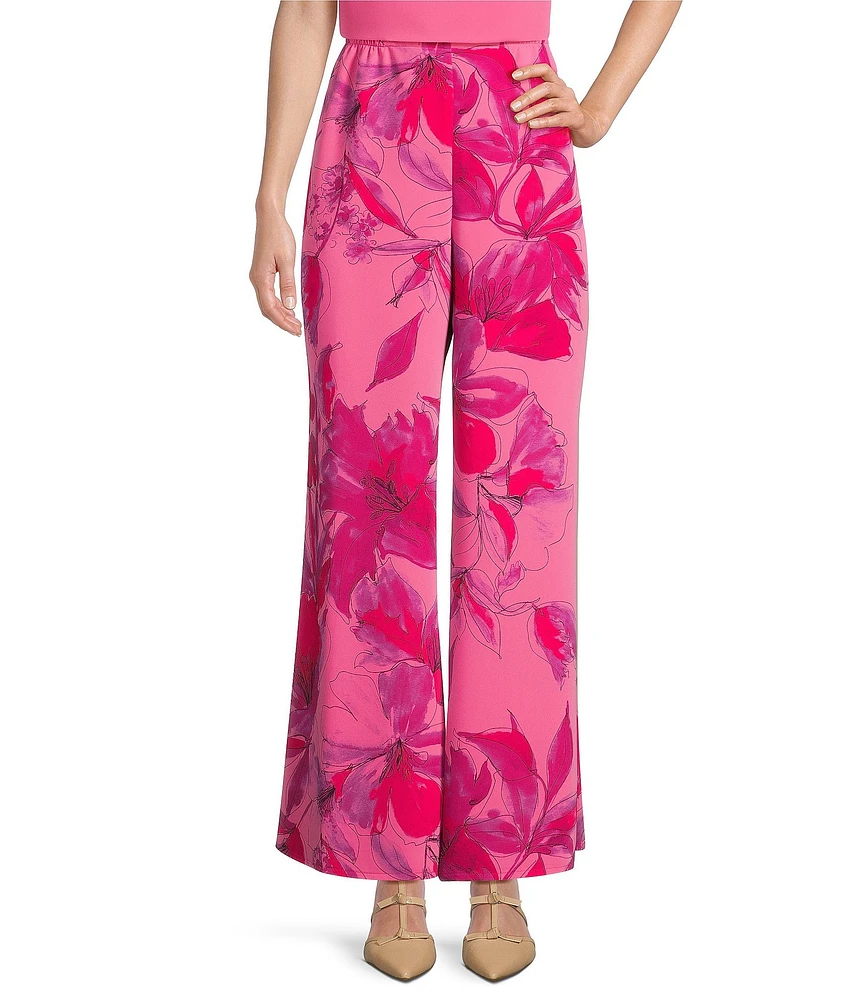 Caroline Rose Flower Splash Print Elastic Waist Side Leg Pants