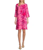 Caroline Rose Flower Splash Print Round Neck 3/4 Sleeve Dress