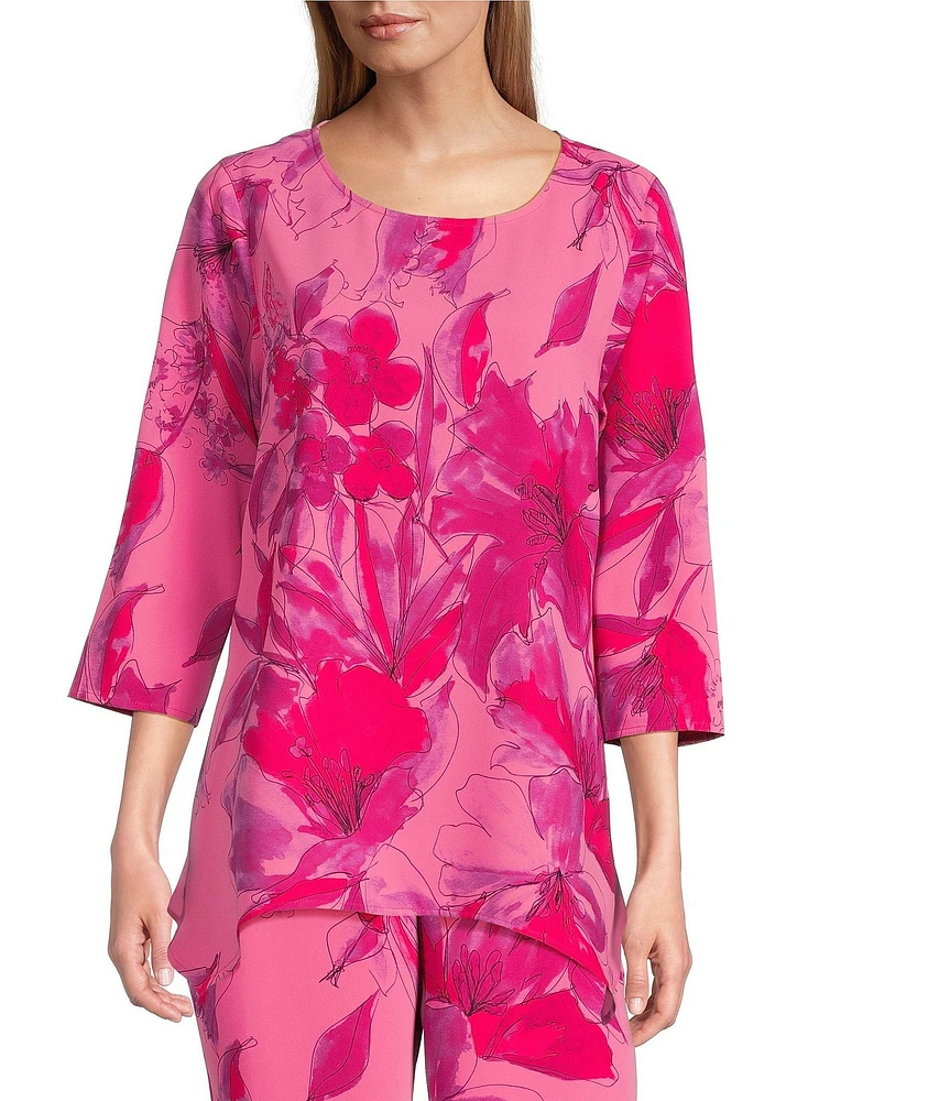 Caroline Rose Flower Splash Print Scoop Neck 3/4 Sleeve Party Top
