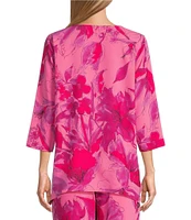 Caroline Rose Flower Splash Print Scoop Neck 3/4 Sleeve Party Top