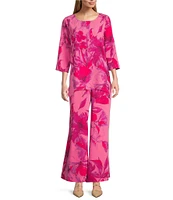 Caroline Rose Flower Splash Print Scoop Neck 3/4 Sleeve Party Top
