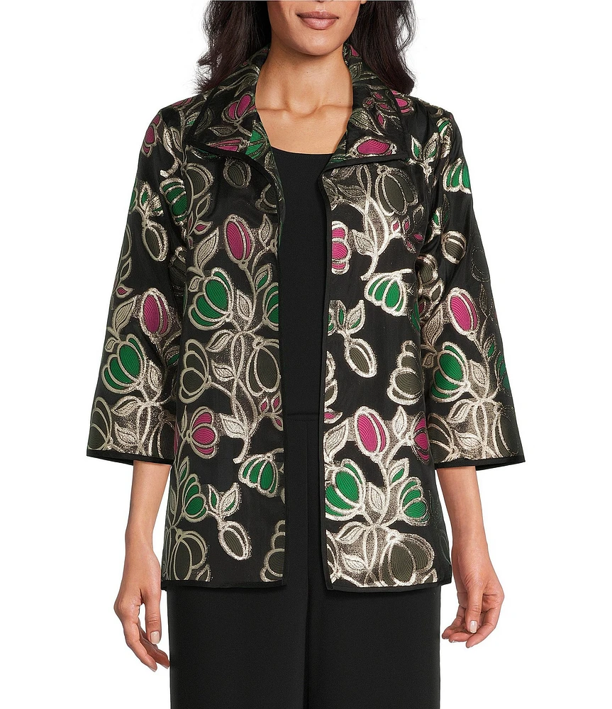 Caroline Rose Garden Glam Metallic Floral Print Spread Collar Bracelet Sleeve Open Front Statement Jacket