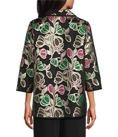 Caroline Rose Garden Glam Metallic Floral Print Spread Collar Bracelet Sleeve Open Front Statement Jacket