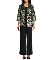 Caroline Rose Garden Glam Metallic Floral Print Spread Collar Bracelet Sleeve Open Front Statement Jacket