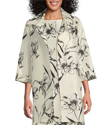 Caroline Rose Garden Glamour Floral Print Notch Collar 3/4 Sleeve Open-Front Statement Jacket