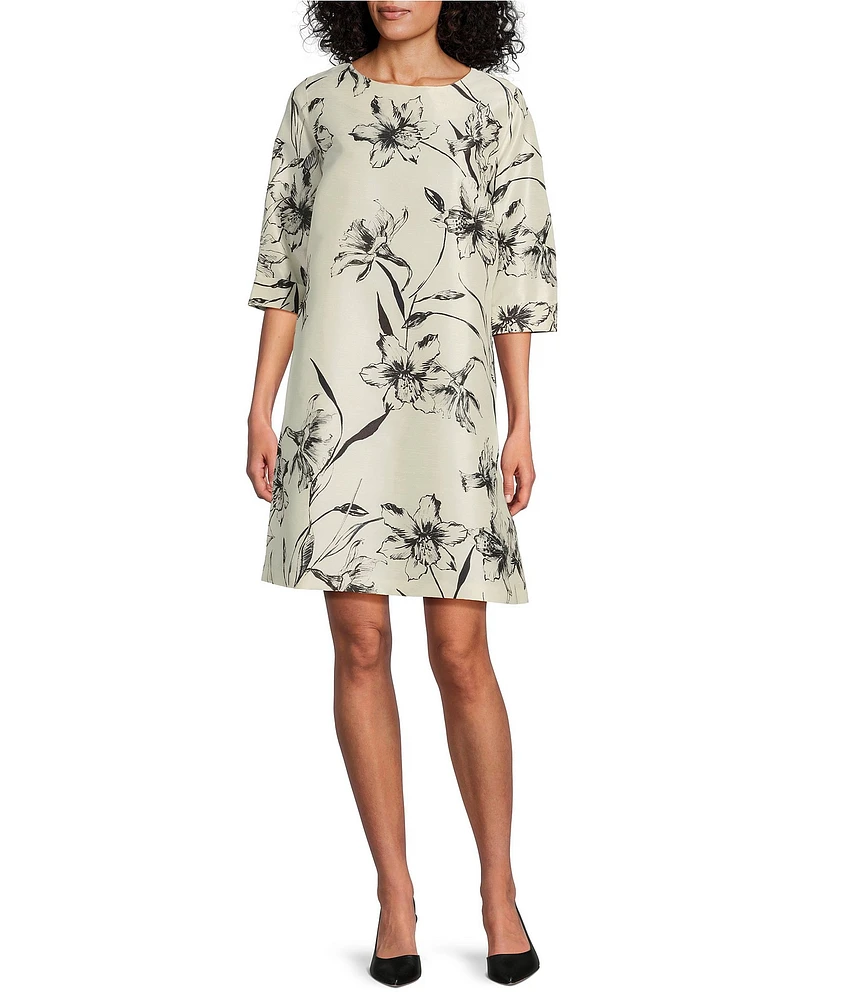 Caroline Rose Garden Glamour Floral Print Round Neck 3/4 Sleeve A-Line Dress