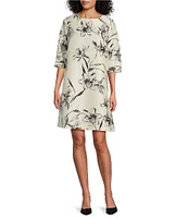 Caroline Rose Garden Glamour Floral Print Round Neck 3/4 Sleeve A-Line Dress