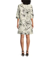 Caroline Rose Garden Glamour Floral Print Round Neck 3/4 Sleeve A-Line Dress
