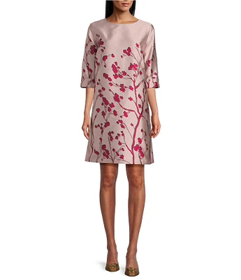 Caroline Rose Gianna Cherry Blossom Print Satin Jacquard Round Neck 3/4 Sleeve A-Line Dress
