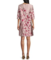 Caroline Rose Gianna Cherry Blossom Print Satin Jacquard Round Neck 3/4 Sleeve A-Line Dress