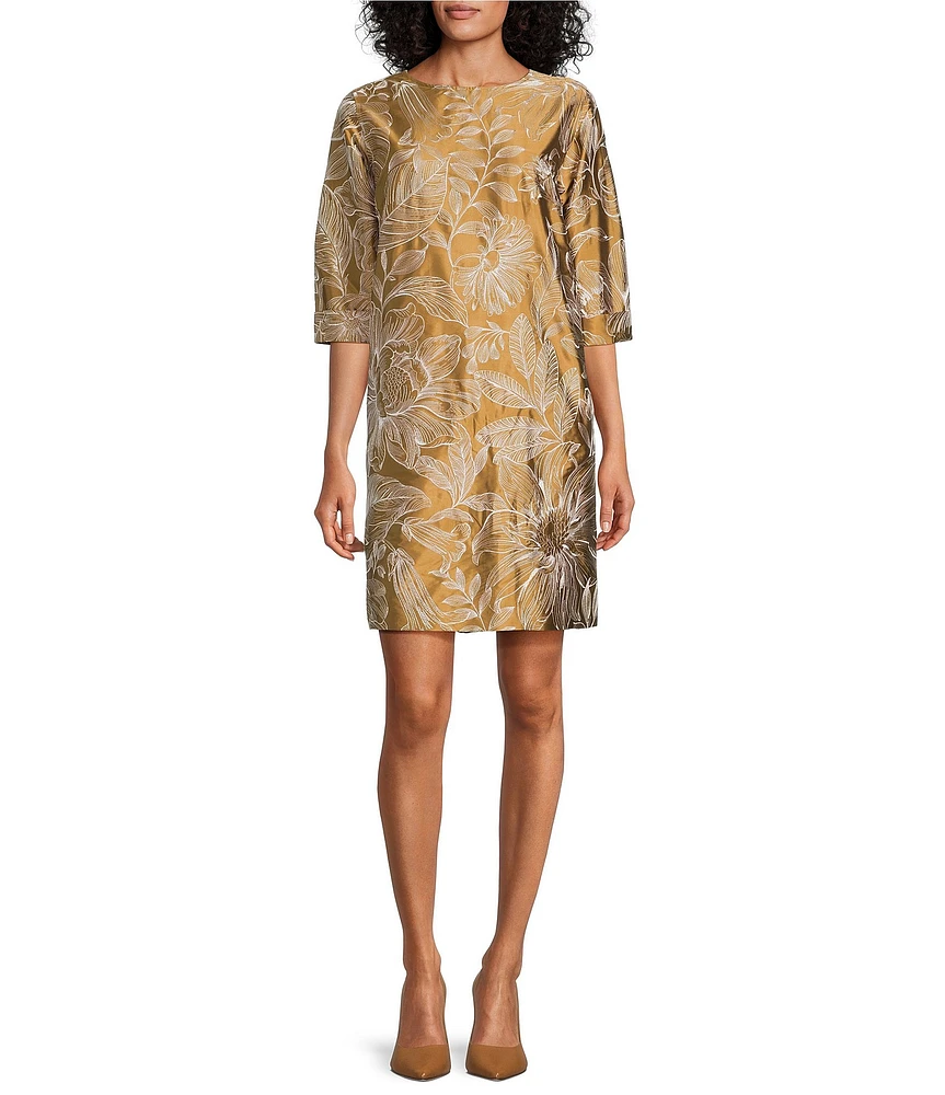 Caroline Rose Gianna Exotic Embroidery Floral Jacquard Scoop Neck 3/4 Sleeve Shift Dress
