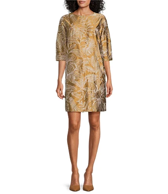 Caroline Rose Gianna Exotic Embroidery Floral Jacquard Scoop Neck 3/4 Sleeve Shift Dress