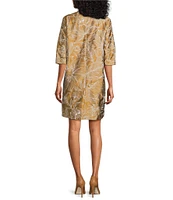 Caroline Rose Gianna Exotic Embroidery Floral Jacquard Scoop Neck 3/4 Sleeve Shift Dress