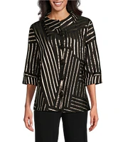 Caroline Rose Graphic Metallic Glitz Jacquard Mock Neck Collar Cuffed 3/4 Sleeve Button Front Statement Jacket