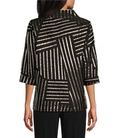 Caroline Rose Graphic Metallic Glitz Jacquard Mock Neck Collar Cuffed 3/4 Sleeve Button Front Statement Jacket