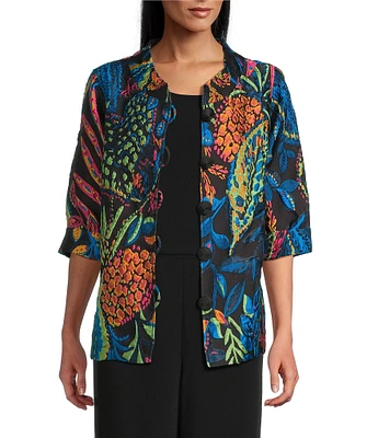 Caroline Rose Jackie Colorful Exotic Print Cloque Mock Collar 3/4 Cuffed Sleeve Button Front Statement Jacket