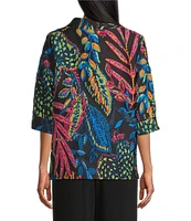 Caroline Rose Jackie Colorful Exotic Print Cloque Mock Collar 3/4 Cuffed Sleeve Button Front Statement Jacket
