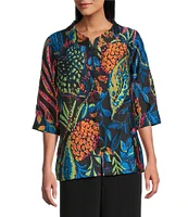 Caroline Rose Jackie Colorful Exotic Print Cloque Mock Collar 3/4 Cuffed Sleeve Button Front Statement Jacket