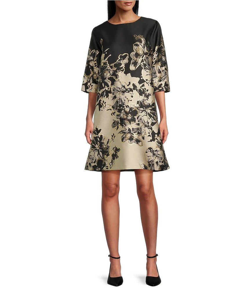 Caroline Rose Jacquard Woven Placement Print Crew Neck Cuffed Elbow Sleeve Pocketed A-Line Dress