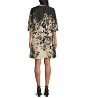 Caroline Rose Jacquard Woven Placement Print Crew Neck Cuffed Elbow Sleeve Pocketed A-Line Dress