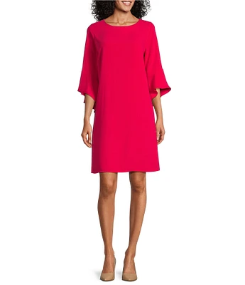 Caroline Rose Julia Matte Crepe 3/4 Ruffle Sleeve Shift Round Neck Shift Dress